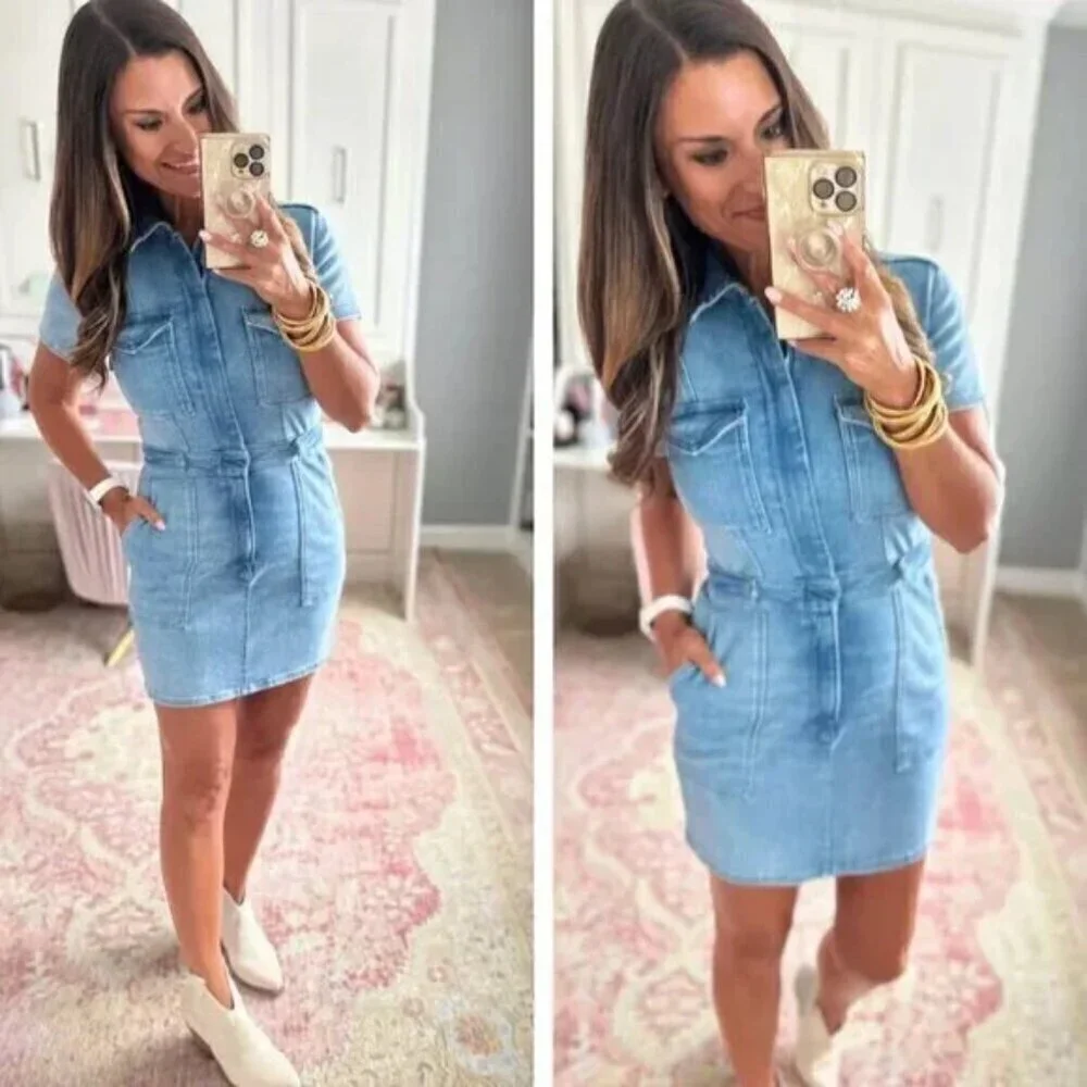 GOOD AMERICAN Fit for Success Denim Utility Dress Denim Medium Blue Size Small - Picture 16 of 16